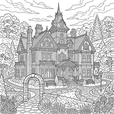 Step into a world of architectural beauty with this exquisite coloring page featuring a magnificent Victorian mansion. Delight in bringing this stately home and its surrounding lush gardens to life with your favorite colors.