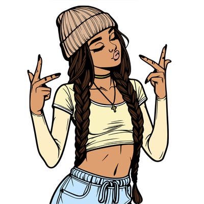 realistic teenage girl with braids and a beanie and crop top doing 🫶🏼
