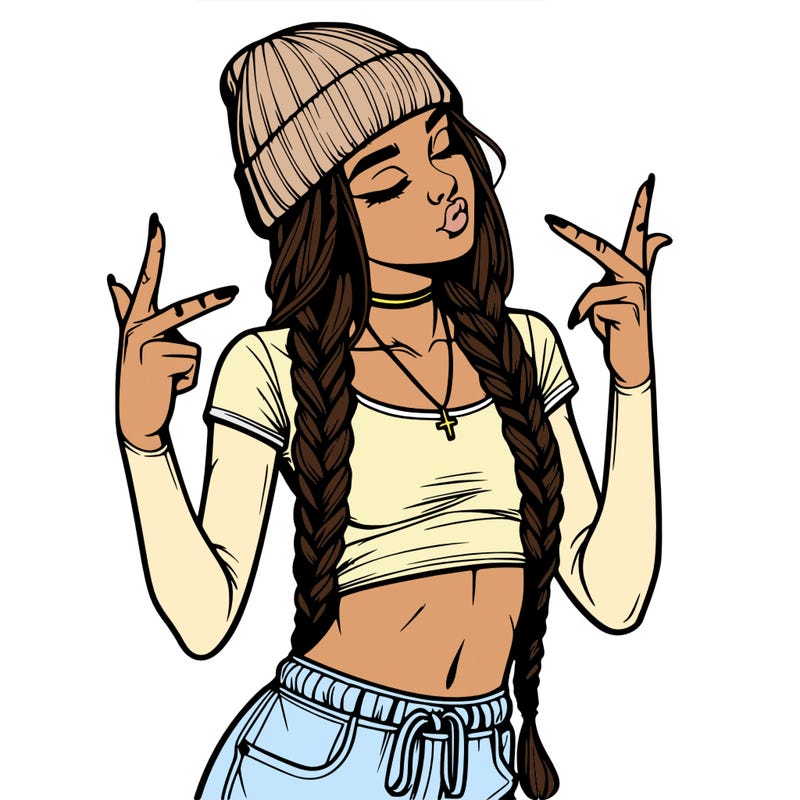 realistic teenage girl with braids and a beanie and crop top doing 🫶🏼