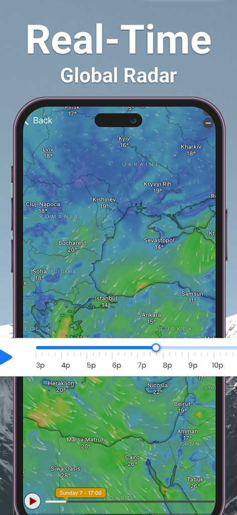 Weather Forecast ٞ - Radar meteorológico global em tempo real mostrando padrões de vento e temperaturas em um mapa