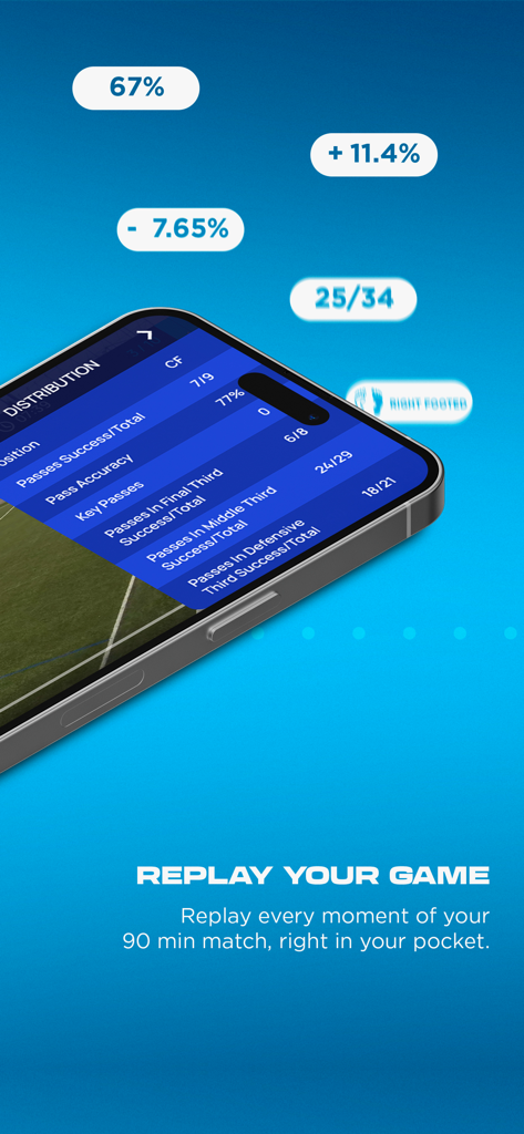 Eyeball Football - Smartphone mostrando estadísticas de distribución del jugador de fútbol y la función de repetición de partidos en la aplicación Eyeball Football.