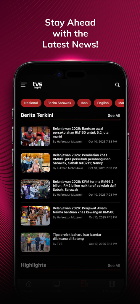 TVS Inspire app interface displaying the latest news feed from Sarawak and Malaysia