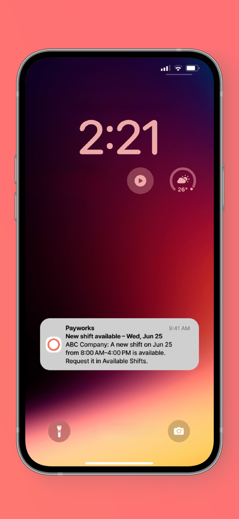 Payworks Self Service - Notificação do aplicativo Payworks na tela de bloqueio do telefone alertando o usuário sobre um turno de trabalho disponível