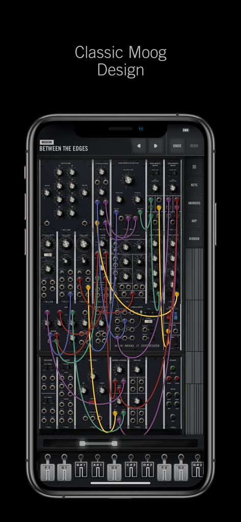 Moog Model 15 modular synthesizer mobile app interface with virtual patch cables