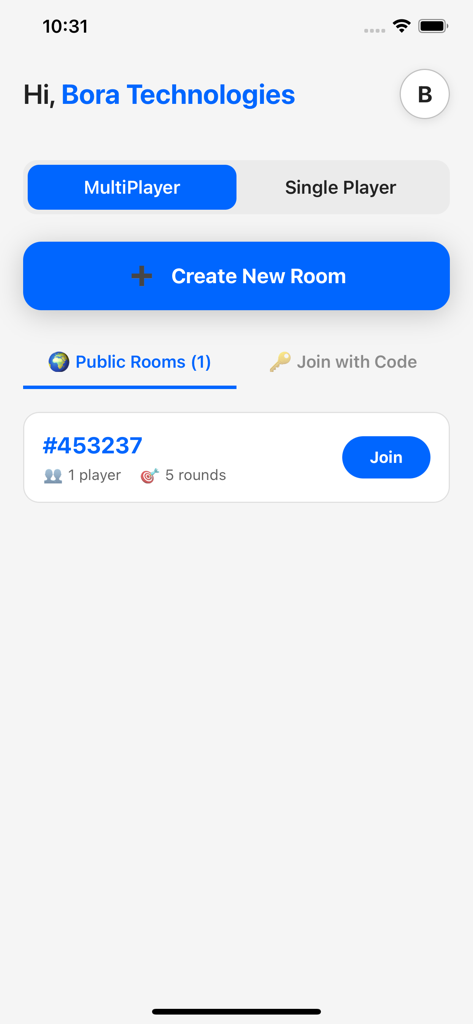 Name Place Animal Thing - Multiplayer lobby of the Name Place Animal Thing app showing public rooms and a button to create a new room.
