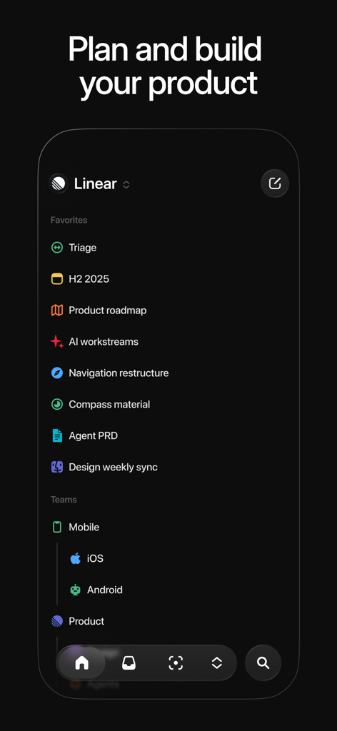 Linear Mobile - Interfaz de la aplicación Linear Mobile que muestra la barra lateral con hojas de ruta de proyectos y flujos de trabajo de equipo en modo oscuro