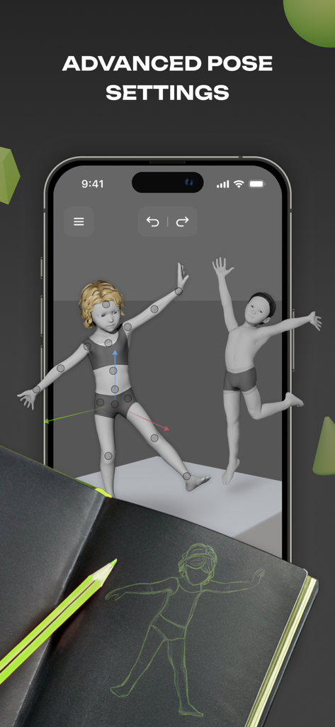 Smartphone showing 3D character models with joint markers next to a sketchbook with a matching drawing