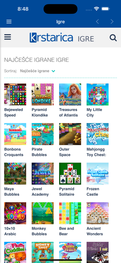 Krstarica forum, vesti, zabava - Captura de pantalla de la aplicación móvil Krstarica que muestra una variedad de juegos casuales populares como solitario y rompecabezas