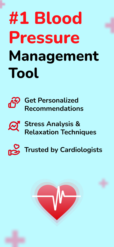 Blood Pressure Tracker + - Pantalla promocional de la aplicación Heartly que destaca la gestión de la presión arterial y la aprobación de cardiólogos.