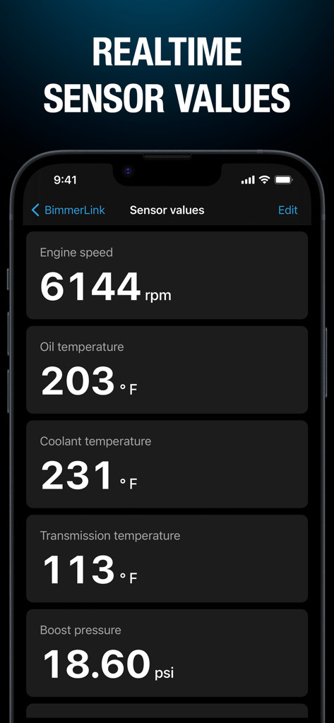 BimmerLink app screen displaying real-time sensor data including engine speed, oil temperature, and boost pressure for BMW vehicles.