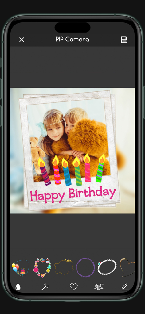 Happy Birthday - Greeting card - Tarjeta de cumpleaños personalizada con marco de polaroid y pegatinas de velas coloridas en la interfaz de la aplicación