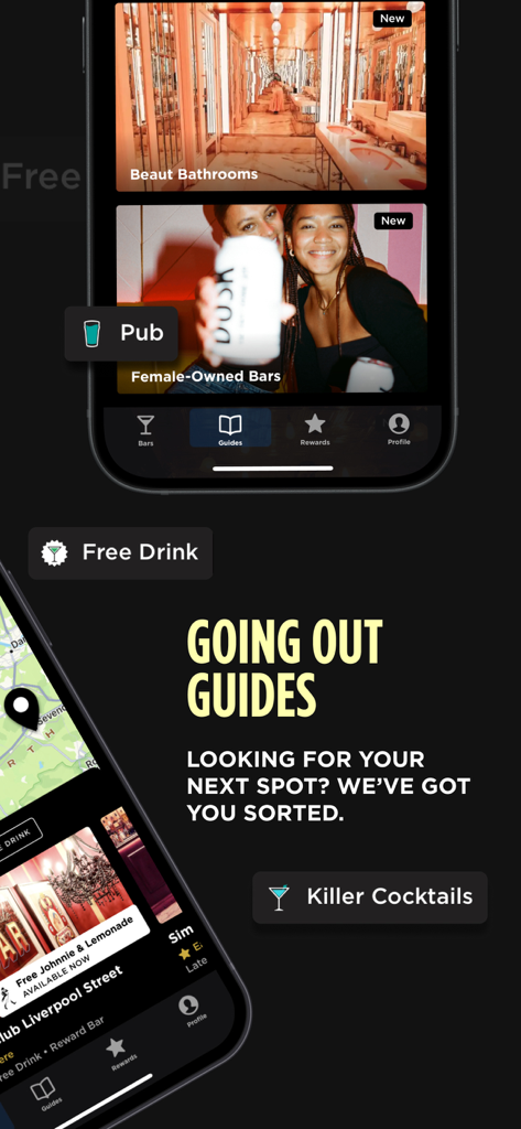DUSK - Drinks, Deals & Rewards - DUSK app interface showing curated nightlife guides and bar recommendations with free drink rewards