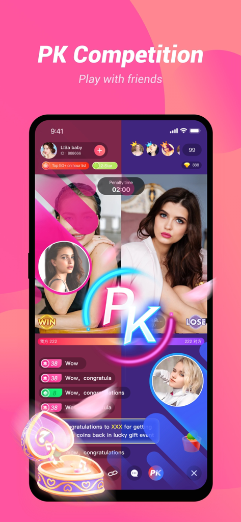 Ligo live - Ligo Live app interface showing a split-screen PK competition between two live streamers with real-time chat and digital gifting.