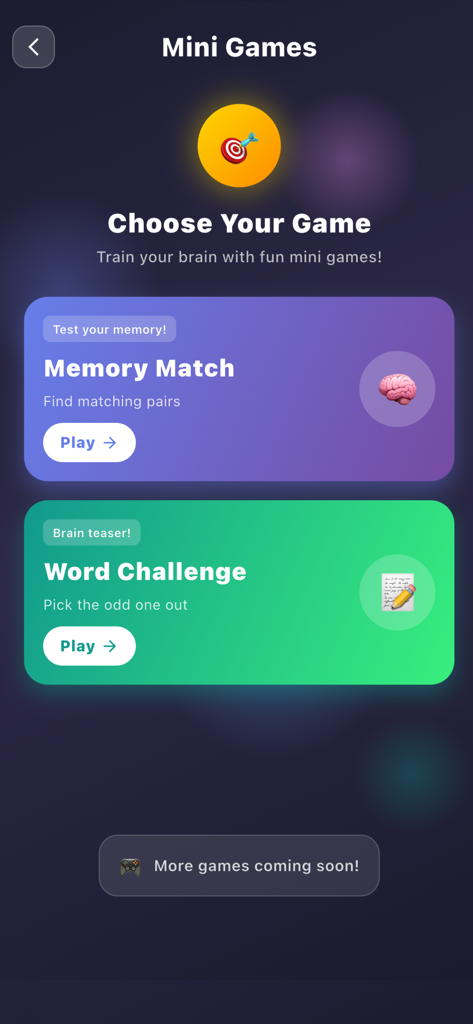 Say The Word On The Beat - Selection screen for Memory Match and Word Challenge brain training mini games