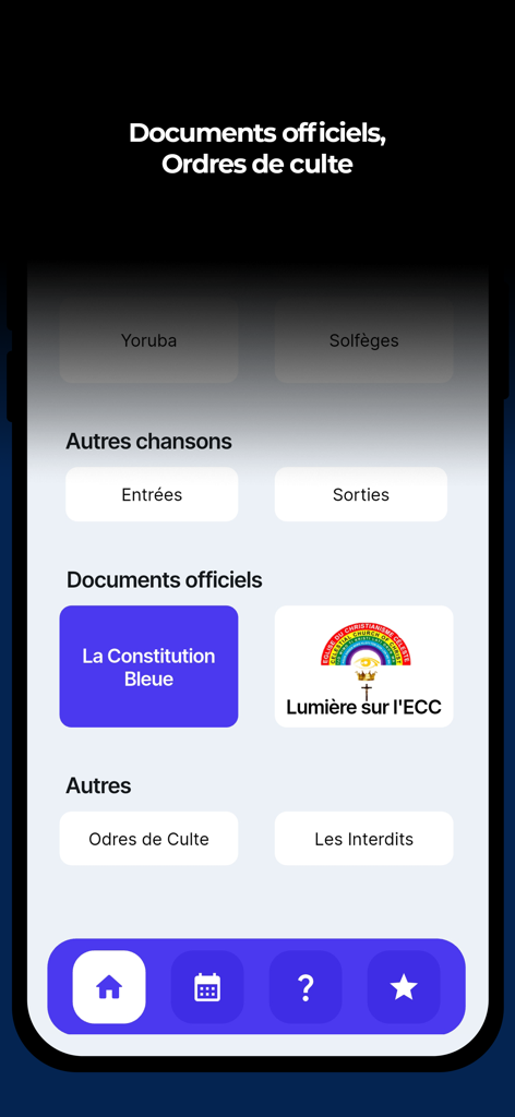 Guide ECC - Interface de l'application Guide ECC montrant les documents officiels de l'église et les ordres du culte