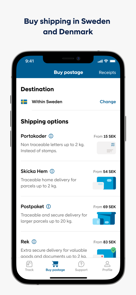 PostNord - Track your parcels - Écran de smartphone de l'application PostNord affichant différentes options d'expédition et d'affranchissement pour la Suède