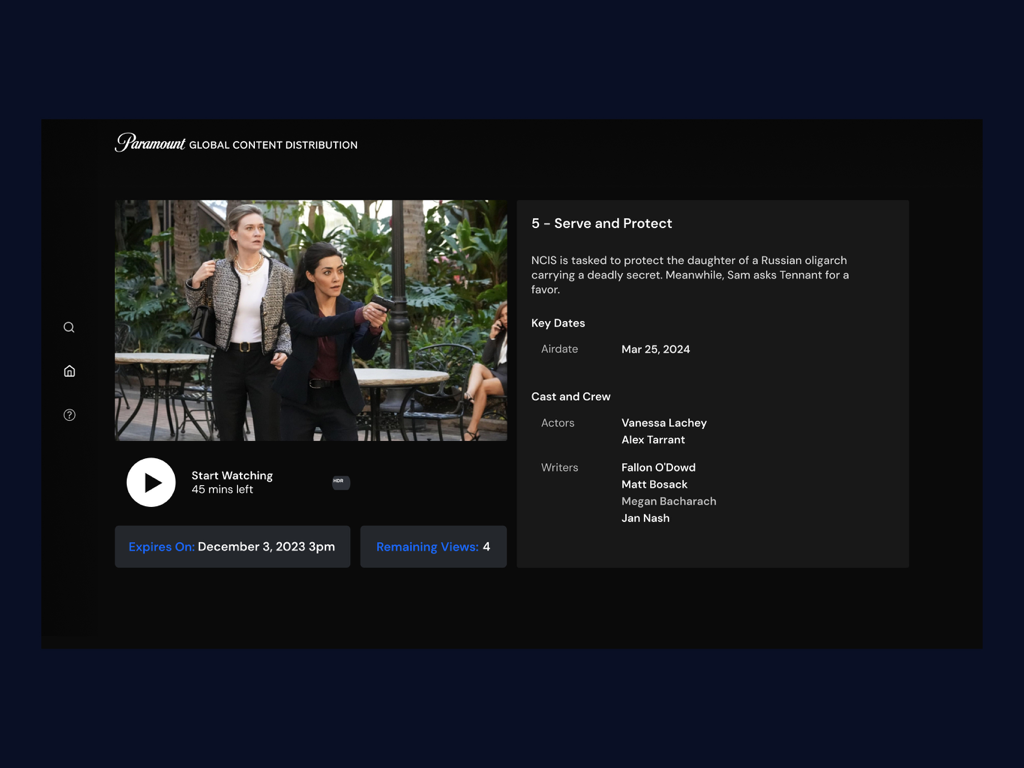 Paramount Global Distribution - Paramount Global Distribution app interface showing episode details and playback options for professional media buyers.