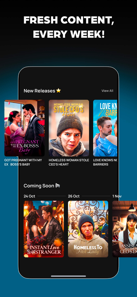 Shorten: Drama Shorts & Series - Schermata dell'app Shorten che mostra titoli di serie brevi e mini-serie drammatiche romantiche nuove e in arrivo.