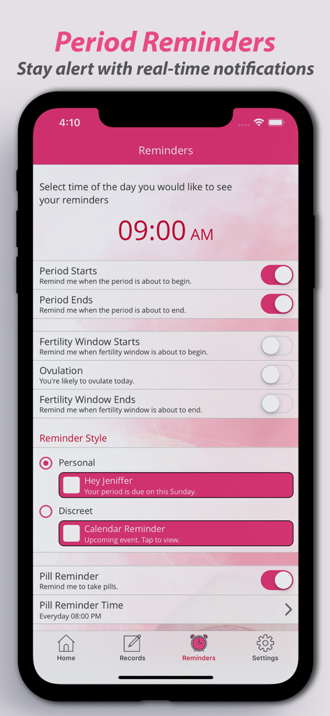 개인 및 눈에 띄지 않는 알림 옵션이 있는 생리 주기 및 피임약 알림 설정 화면