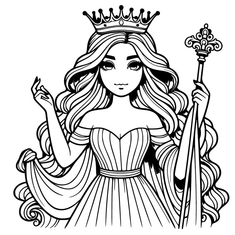 realistic hot woman in a flowing dress and long wavy hair and a crown and a scepter