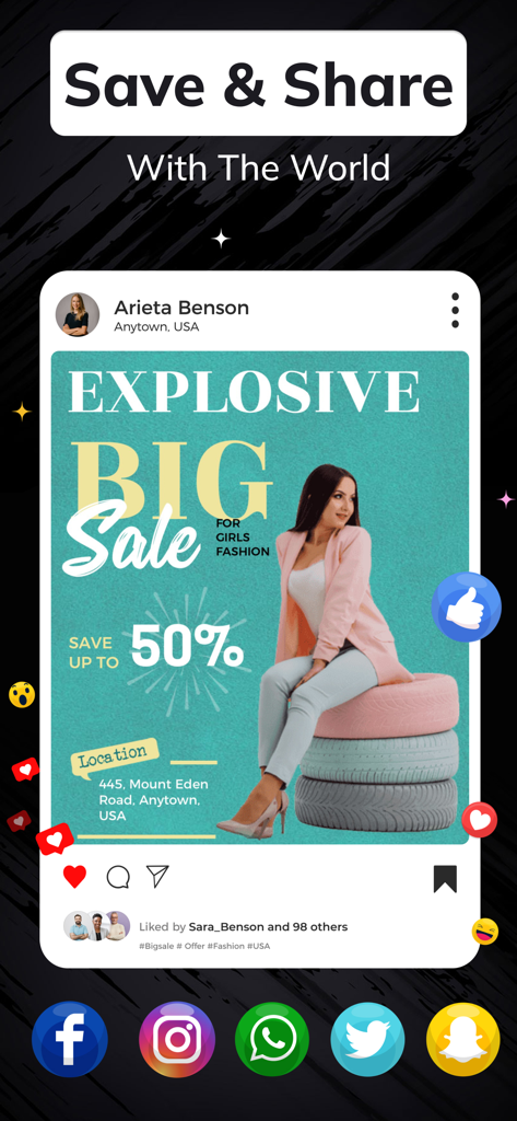 Interface que mostra a funcionalidade de guardar e partilhar para designs de panfletos para redes sociais