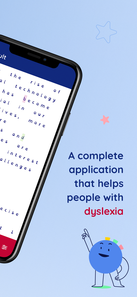 MYdys - aid for dyslexia - iPhone screen showing the MYdys app with text adaptations like letter highlighting and wide spacing for dyslexia support.