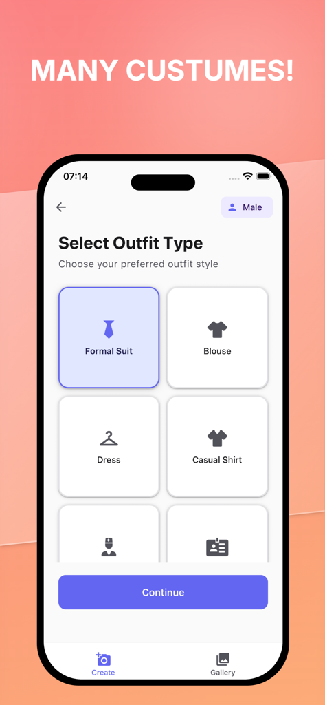 AI ID Image Generator - AI ID Image Generator screen showing options to select outfit types like formal suit and blouse for professional ID photos