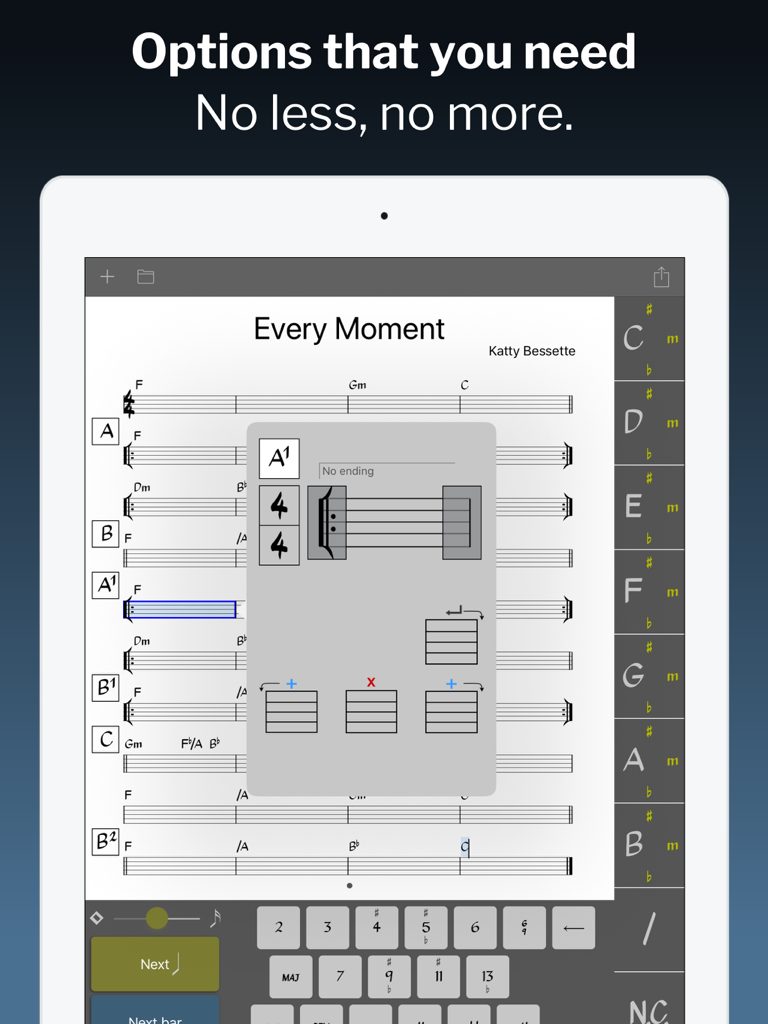 Chordsheet Maker iPad interface showing rhythmic information settings and chord notation keyboard