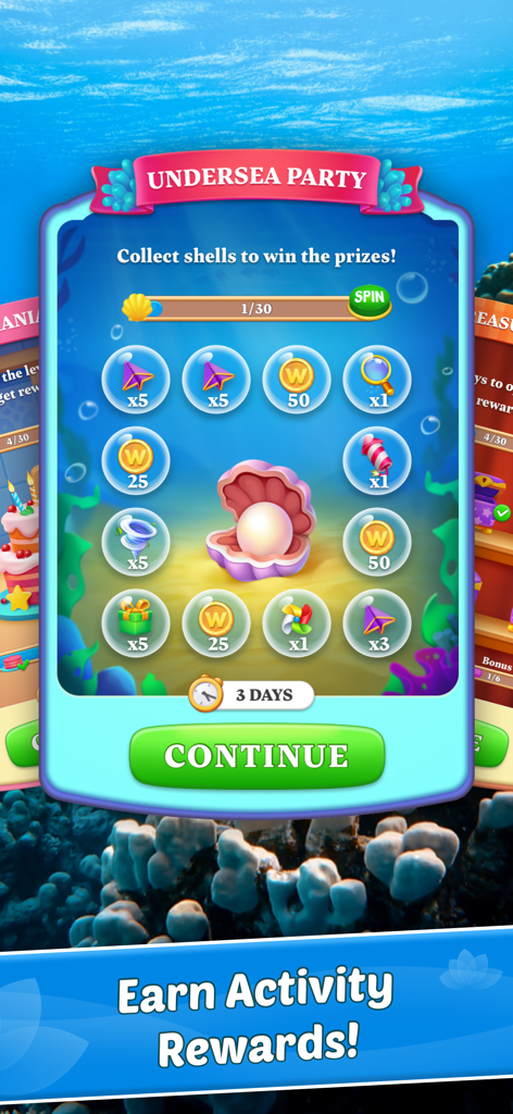Word Town game screen showing activity rewards and the Undersea Party event with a pearl shell