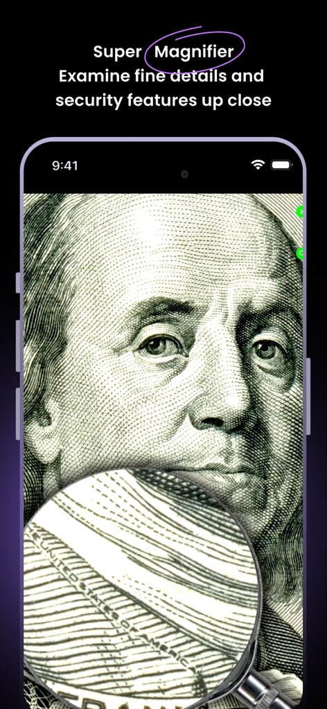 Cash Guard: Identify Fake Bill - Visão de perto de uma nota de cem dólares usando a ferramenta de super lupa do Cash Guard para verificar recursos de segurança de microimpressão