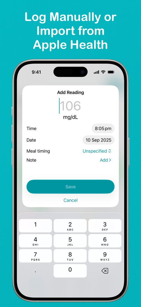 Glucomate: Glucose Tracker - iPhone screen showing manual blood glucose entry interface in the Glucomate app