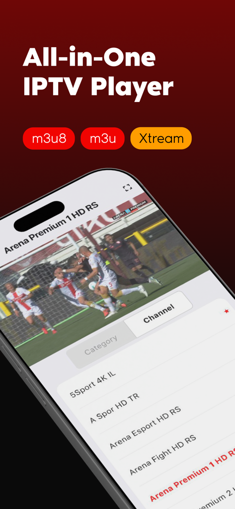 IPTV player m3u8 EPG Xtream - All-in-one IPTV player interface showing a live football match and channel list on an iPhone.