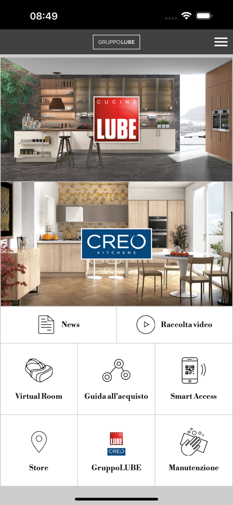 Gruppo LUBE - Main menu of the Gruppo LUBE app showing luxury kitchen designs and interactive service icons