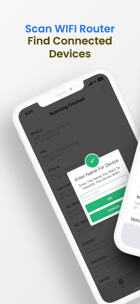 Interface of the Who is Using My WiFi app showing a list of connected devices and an option to name them for security