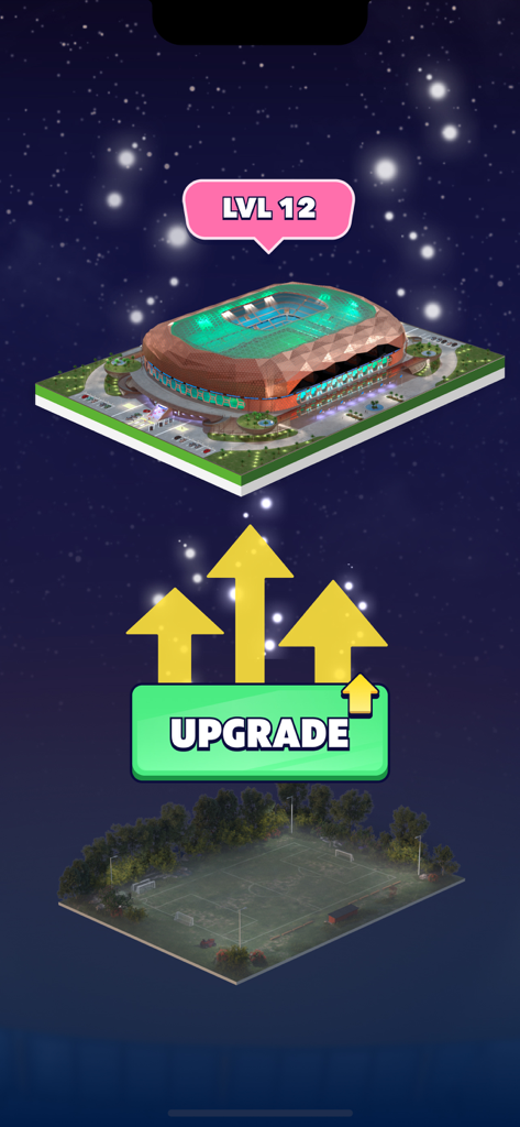 Visualization of a soccer stadium upgrade from a grass pitch to a level 12 arena in WFM 2025
