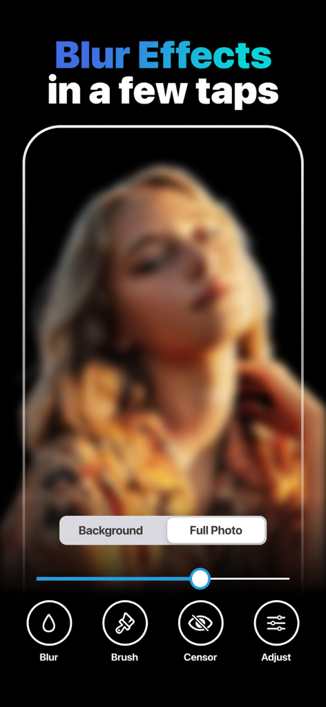Blur Photo Effect Editor – BLR - Smartphone screen displaying the BLR app interface with a blurred portrait photo and editing tools like background blur and censor options