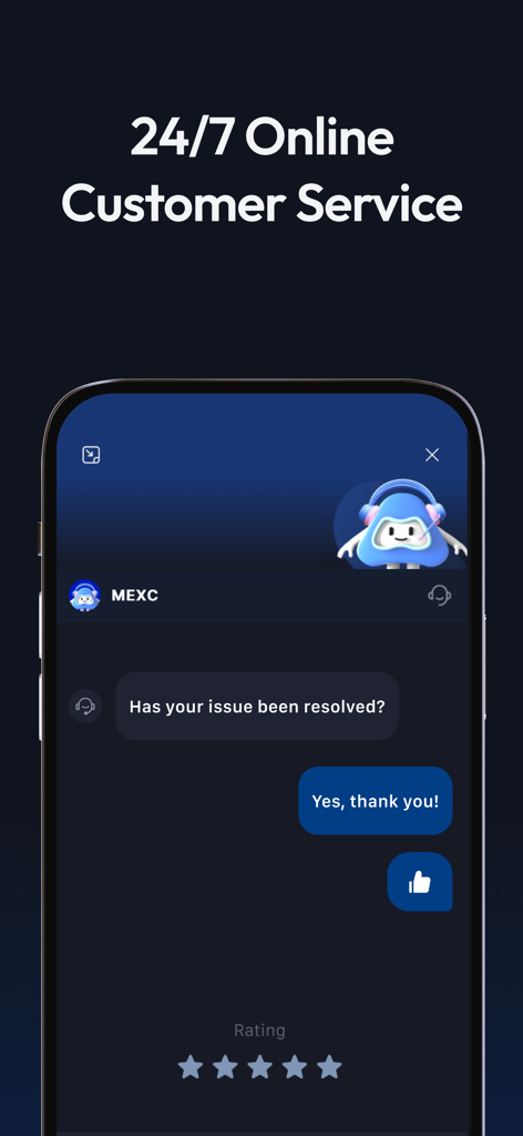 MEXC: Buy Bitcoin BTC & Crypto - Uno schermo di telefono cellulare che mostra l'interfaccia di chat del servizio clienti online 24/7 dell'app MEXC con una mascotte di supporto.