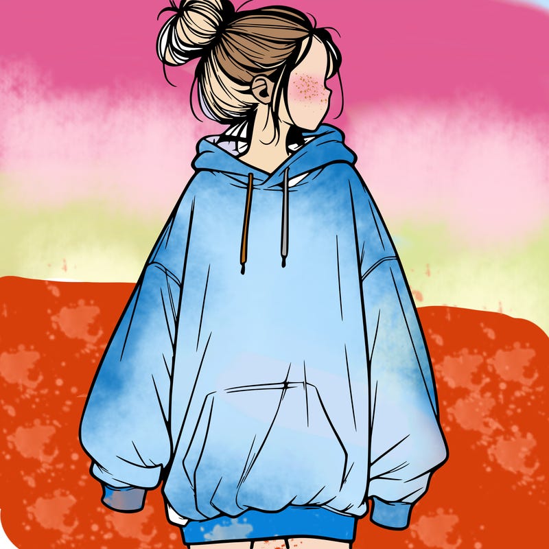 realistic girl with a oversized sweatshirt on and a bun