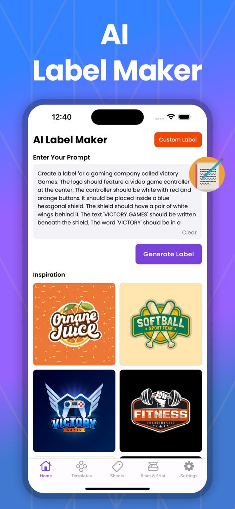 AI Label Maker: Label Printer - AI Label Maker app interface for creating custom labels using text prompts and inspiration templates.