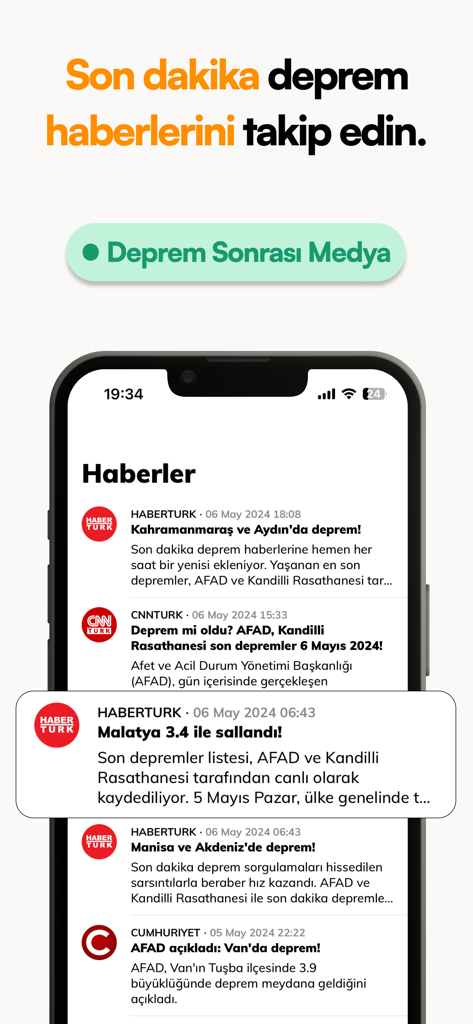 Earthquake Turkey - Mobile news feed showing breaking earthquake alerts and headlines for various regions in Turkey