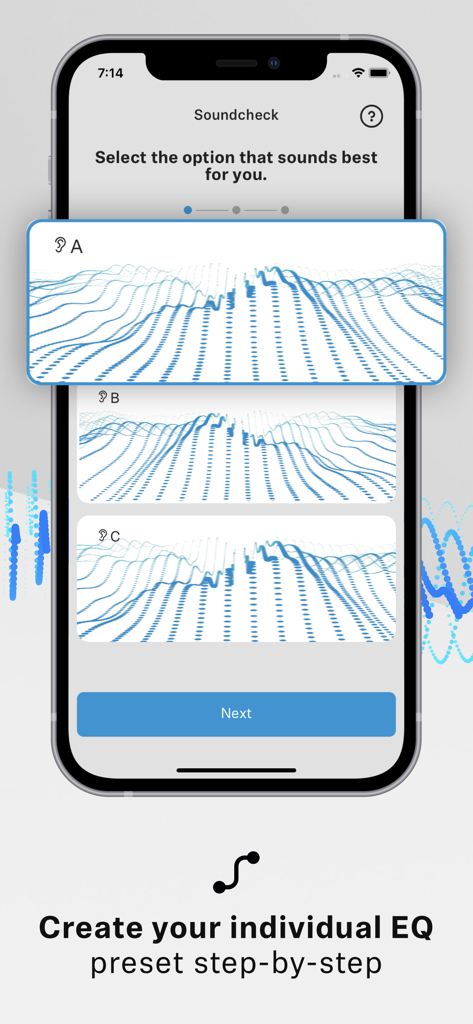 Sennheiser Smart Control - Interfaz Soundcheck de la aplicación Sennheiser Smart Control para crear un ajuste preestablecido de ecualización personalizado