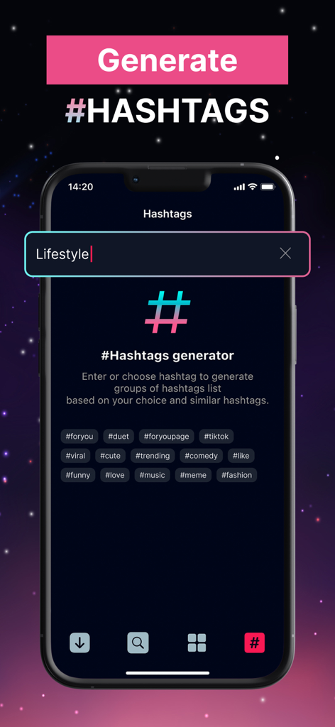 Smartphone screen showing the EasyTox hashtag generator interface with suggested trending hashtags for content creators