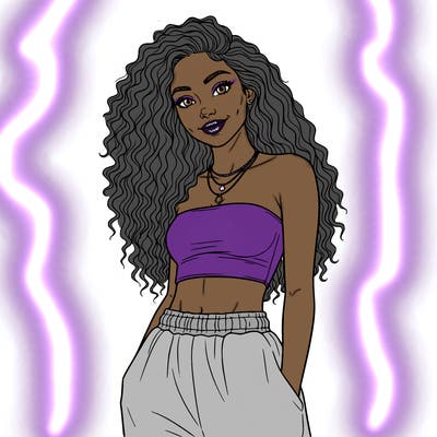 a pretty girl wearing a strapless top with baggy sweatpants. she has really really really curly long hair. she has a very pretty smile. she has layered necklaces. she has really cute dimples. she has thin eyebrows and thick but pretty eyelashes.