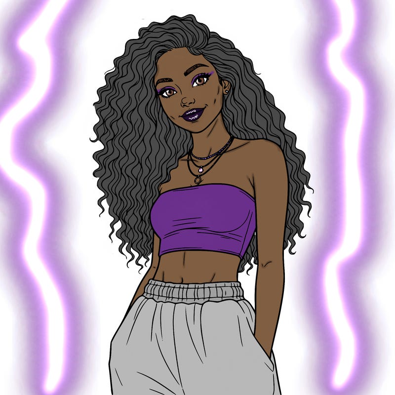 a pretty girl wearing a strapless top with baggy sweatpants. she has really really really curly long hair. she has a very pretty smile. she has layered necklaces. she has really cute dimples. she has thin eyebrows and thick but pretty eyelashes.