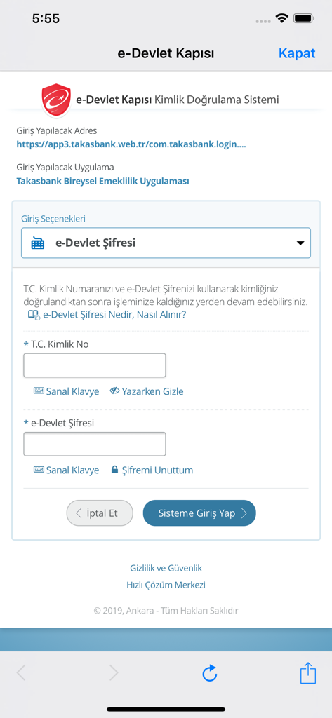 TAKASBANK BES - Login screen for TAKASBANK BES app using the Turkish e-Government gateway authentication