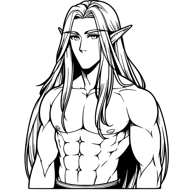 male elf with long hair and six pack realistic
