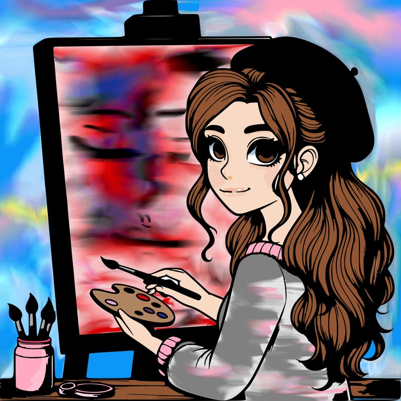 realistic girl artist painting a blank canvas