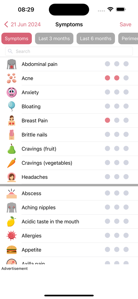 WomanLog Calendar - Symptom tracking screen in the WomanLog Calendar app showing icons and log options for acne and abdominal pain