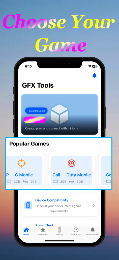Gfx Tool for PUBG and Games - GFX Tool mobile app interface showing popular game selection including PUBG and Call of Duty Mobile.