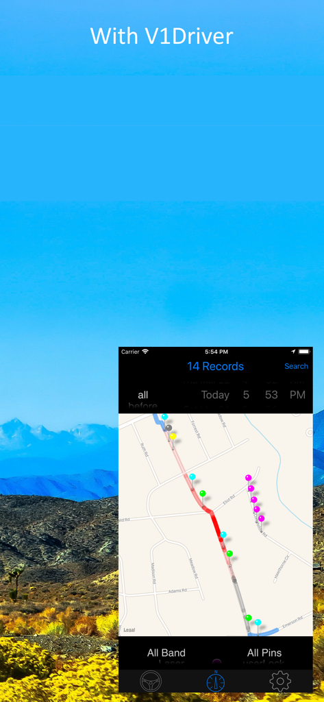 V1Driver - V1Driver app interface displaying radar signal records on a GPS map